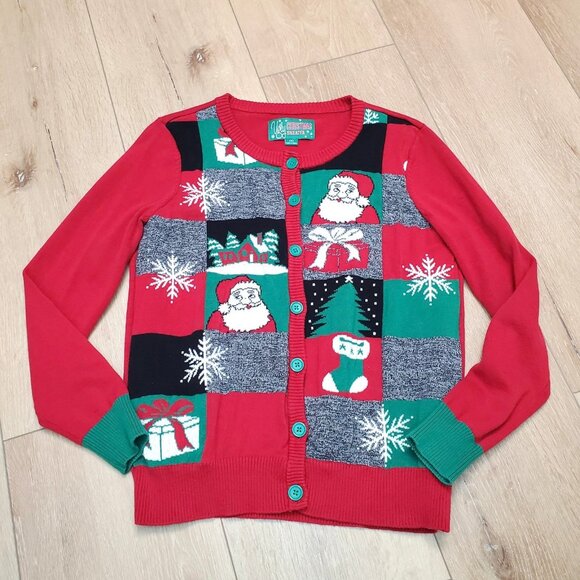 Ugly Christmas Sweater Womens Size S Patchwork Cardigan Button Up 100% Cotton - Picture 1 of 11